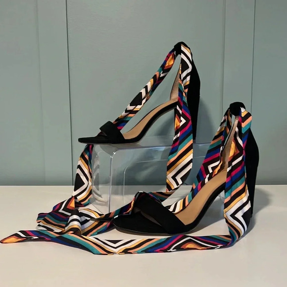 INC Faux Velvet ‘Kanata’ Single Strap Striped Ribbon Ankle Tie 3” Heels. Size 9. - Picture 1 of 13